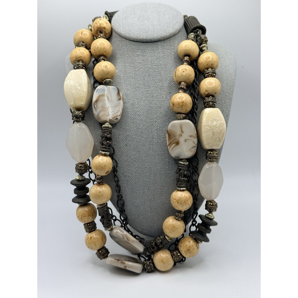 Vintage Stone Metal Bead Necklace Multi Strand Boho Bronze Tone 16-18"